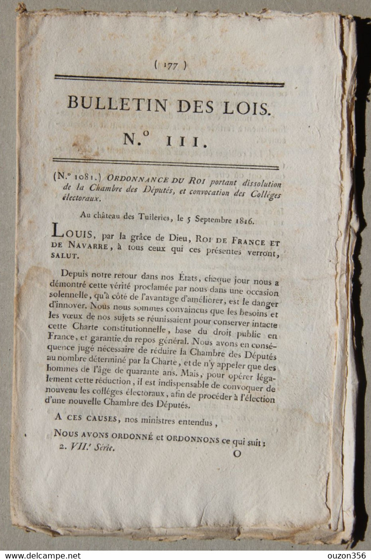 Bulletin Des Lois Du Royaume De France N°111, 7e Série, T.3, 1816, Dissolution Chambre Députés - Décrets & Lois