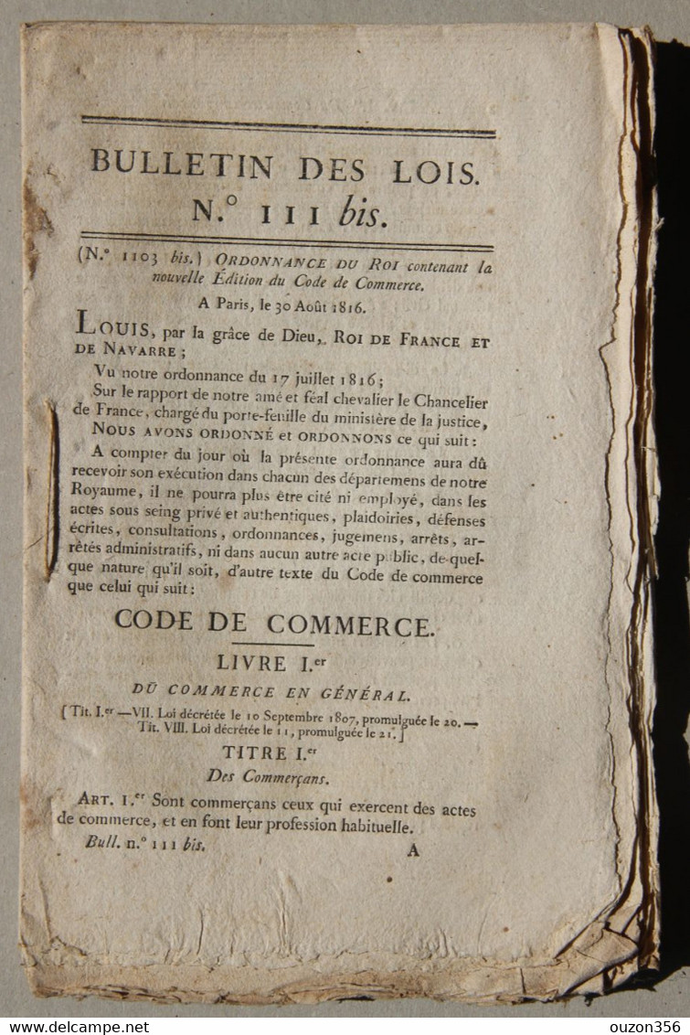 Bulletin Des Lois Du Royaume De France N°111 Bis, 1816, Nouvelle Edition Code De Commerce - Décrets & Lois