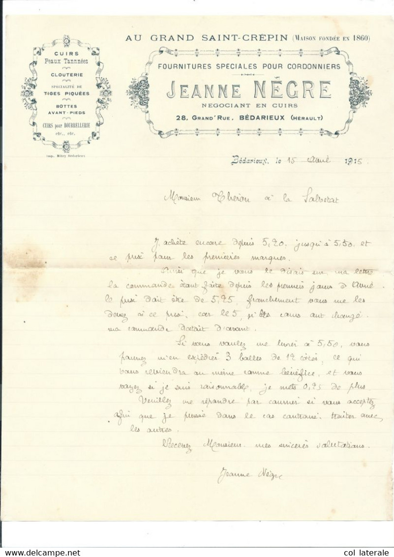 1915 Enveloppe + En-tête Jeanne Nègre CUIRS Bédarieux Hérault 34  TB 3 Scans - 1900 – 1949