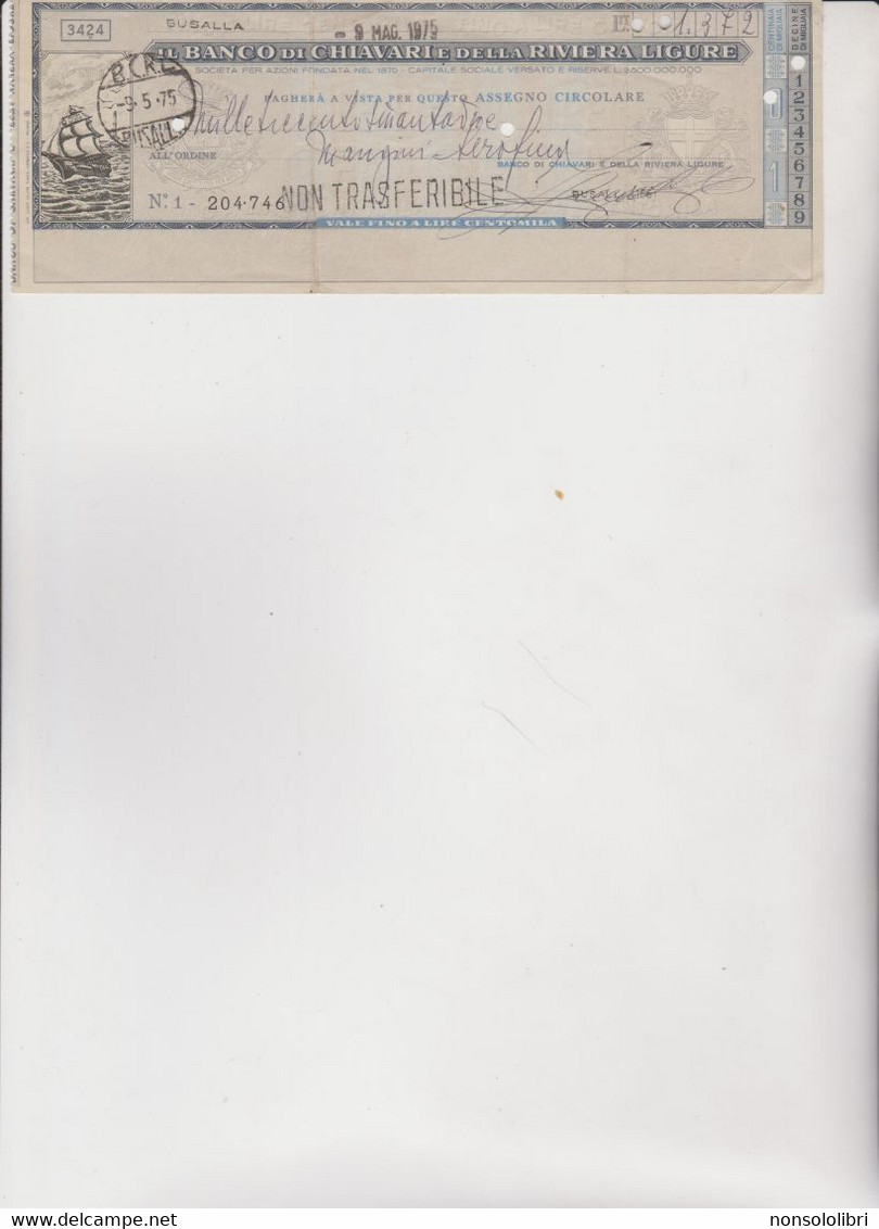 ASSEGNO DEL BANCO DI CHIAVARI E DELLA RIVIERA LIGURE.  BUSALLA  1975 . - Bills Of Exchange