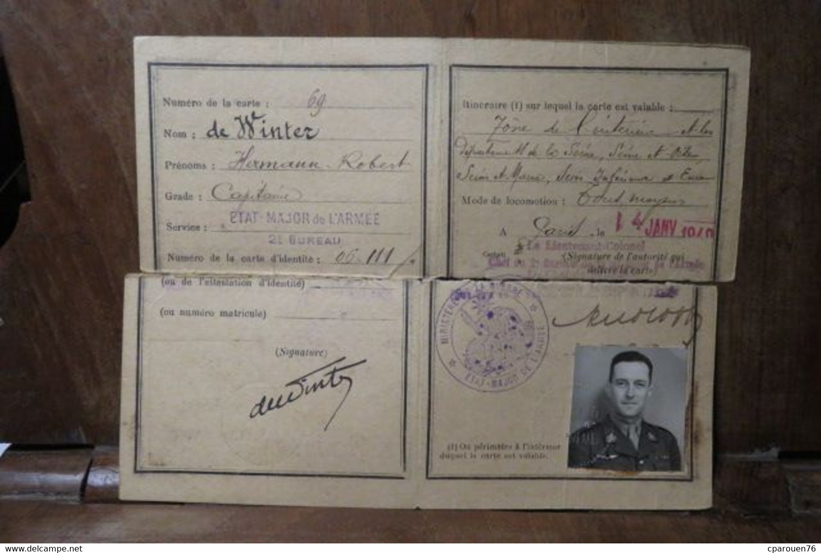 Carte De Circulation Permanente Militaires De L Etat Major 2 Eme Bureau 1940 Ww2 Capitaine De Wint... - Non Classés