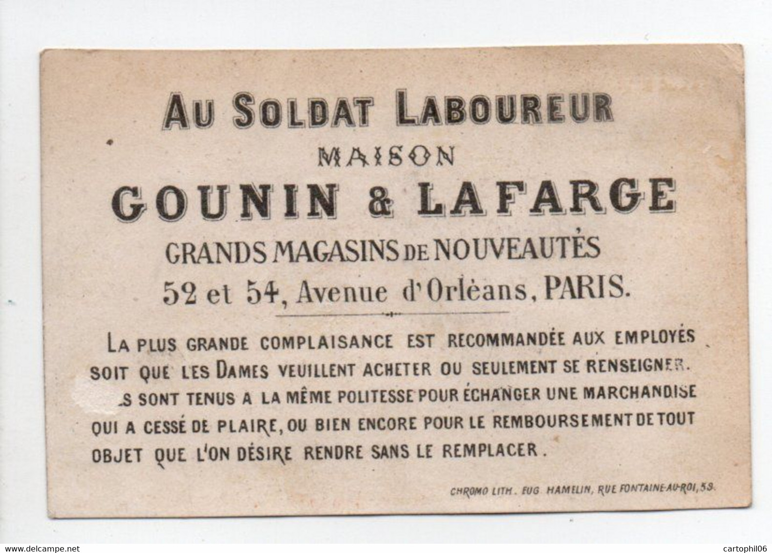 - CHROMO AU SOLDAT LABOUREUR - MAISON GOUNIN & LAFARGE - 52 Et 54, Avenue D'Orléans, PARIS - Lith. Hamelin - - Other & Unclassified