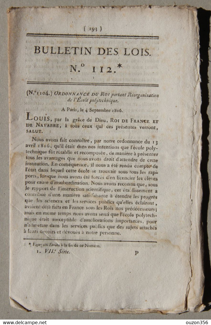 Bulletin Des Lois Du Royaume De France N°112, 7e Série, T.3, 1816, Réorganisation Ecole Polytechnique - Décrets & Lois