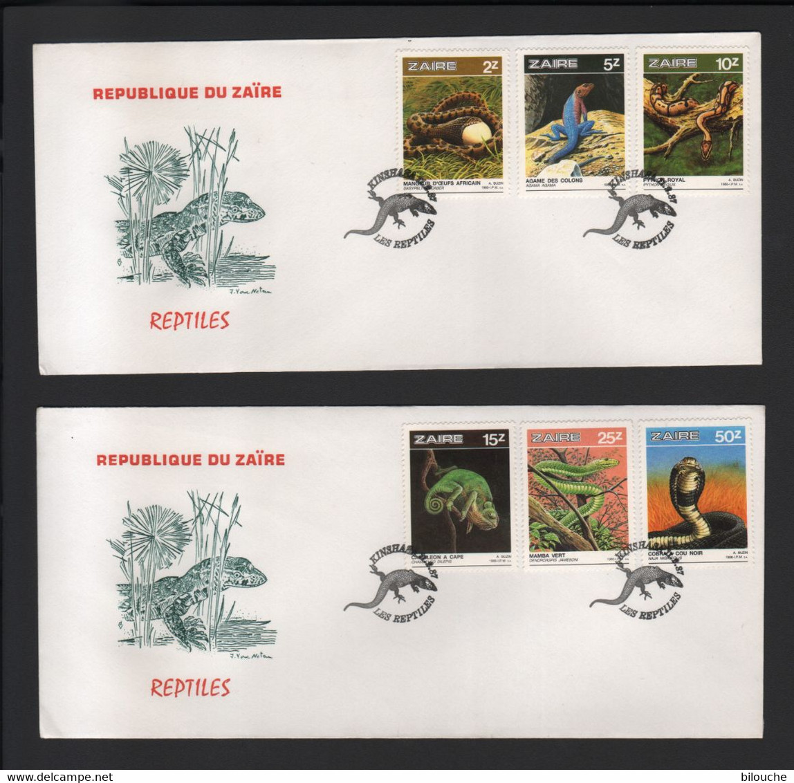 BUZIN / 2 FDC DU ZAIRE / 1987 / SERIE 'REPTILES' / COB 1317 à 1322 - 1985-.. Vogels (Buzin)