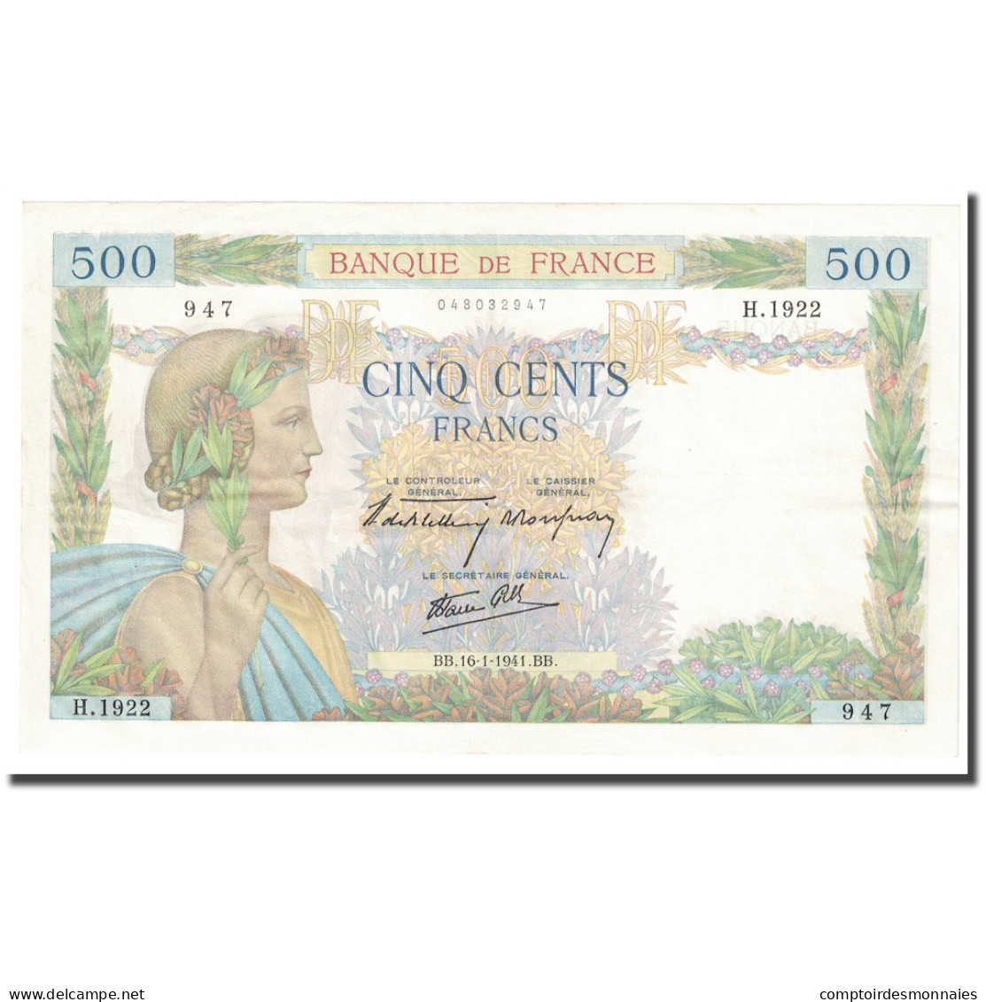 France, 500 Francs, La Paix, 1941, 1941-01-16, SPL, Fayette:32.13, KM:95a - 500 F 1940-1944 ''La Paix''