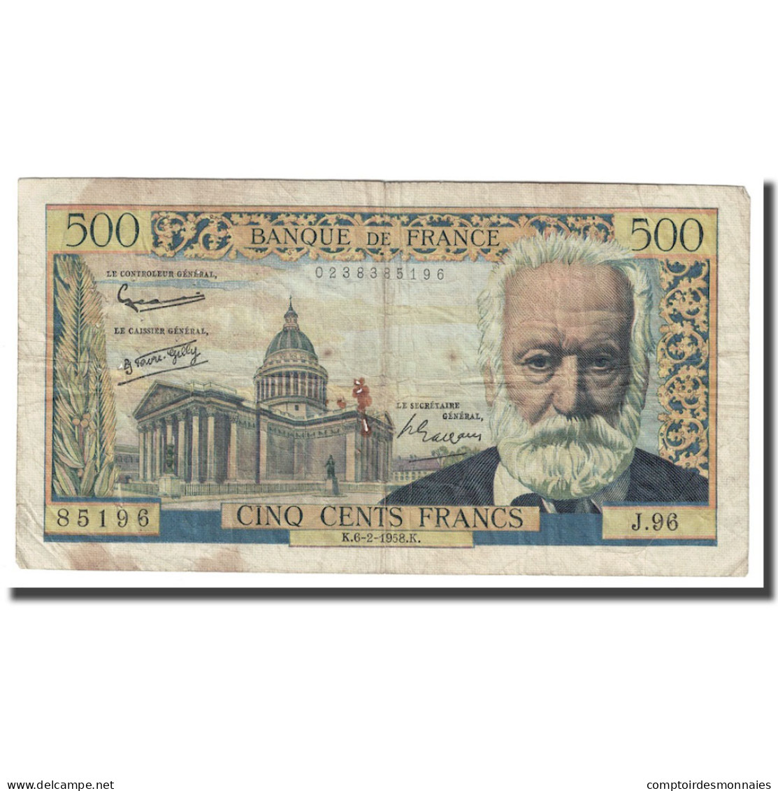 France, 500 Francs, Victor Hugo, 1958, 1958-02-06, TB+, Fayette:35.8, KM:133b - 500 F 1954-1958 ''Victor Hugo''
