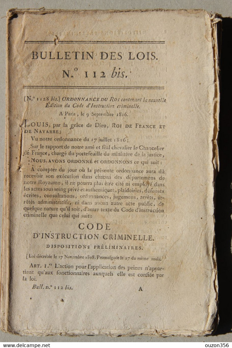 Bulletin Des Lois Du Royaume De France N°112 Bis, 1816, Code Instruction Criminelle - Décrets & Lois