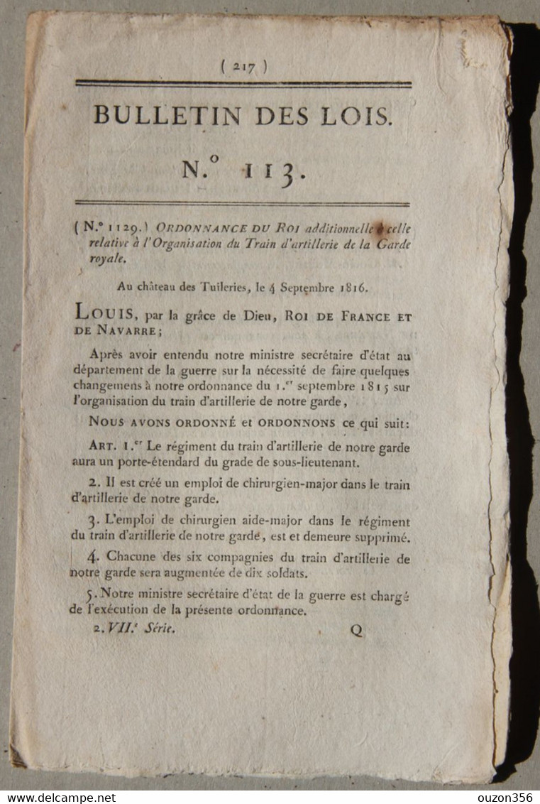 Bulletin Des Lois Du Royaume De France N°113, 7e Série, T.3, 1816, Organisation Train D'artillerie Garde Royale - Décrets & Lois