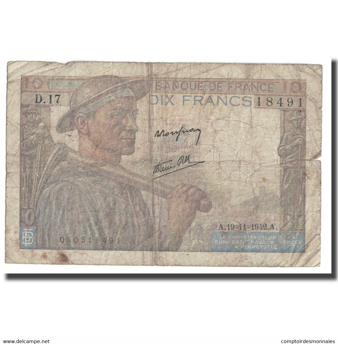 France, 10 Francs, Mineur, 1942, 1942-11-19, B+, Fayette:8.5, KM:99e - 10 F 1941-1949 ''Mineur''