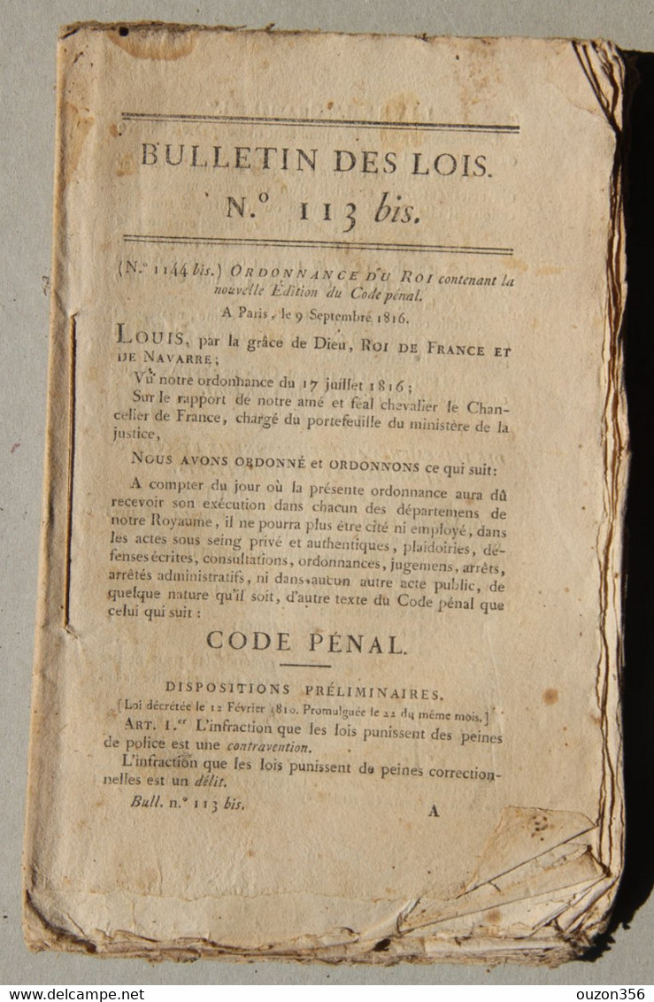 Bulletin Des Lois Du Royaume De France N°113 Bis, 1816, Edition Du Code Pénal - Décrets & Lois