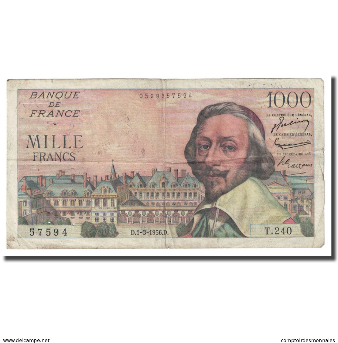 France, 1000 Francs, Richelieu, 1956, 1956-03-01, TB+, Fayette:42.19, KM:134a - 1 000 F 1953-1957 ''Richelieu''