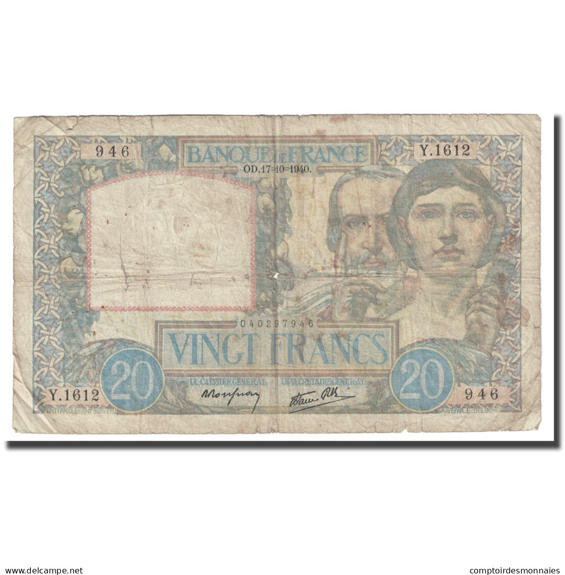 France, 20 Francs, Science Et Travail, 1940, 1940-10-17, TB, Fayette:12.9 - 20 F 1939-1942 ''Science Et Travail''