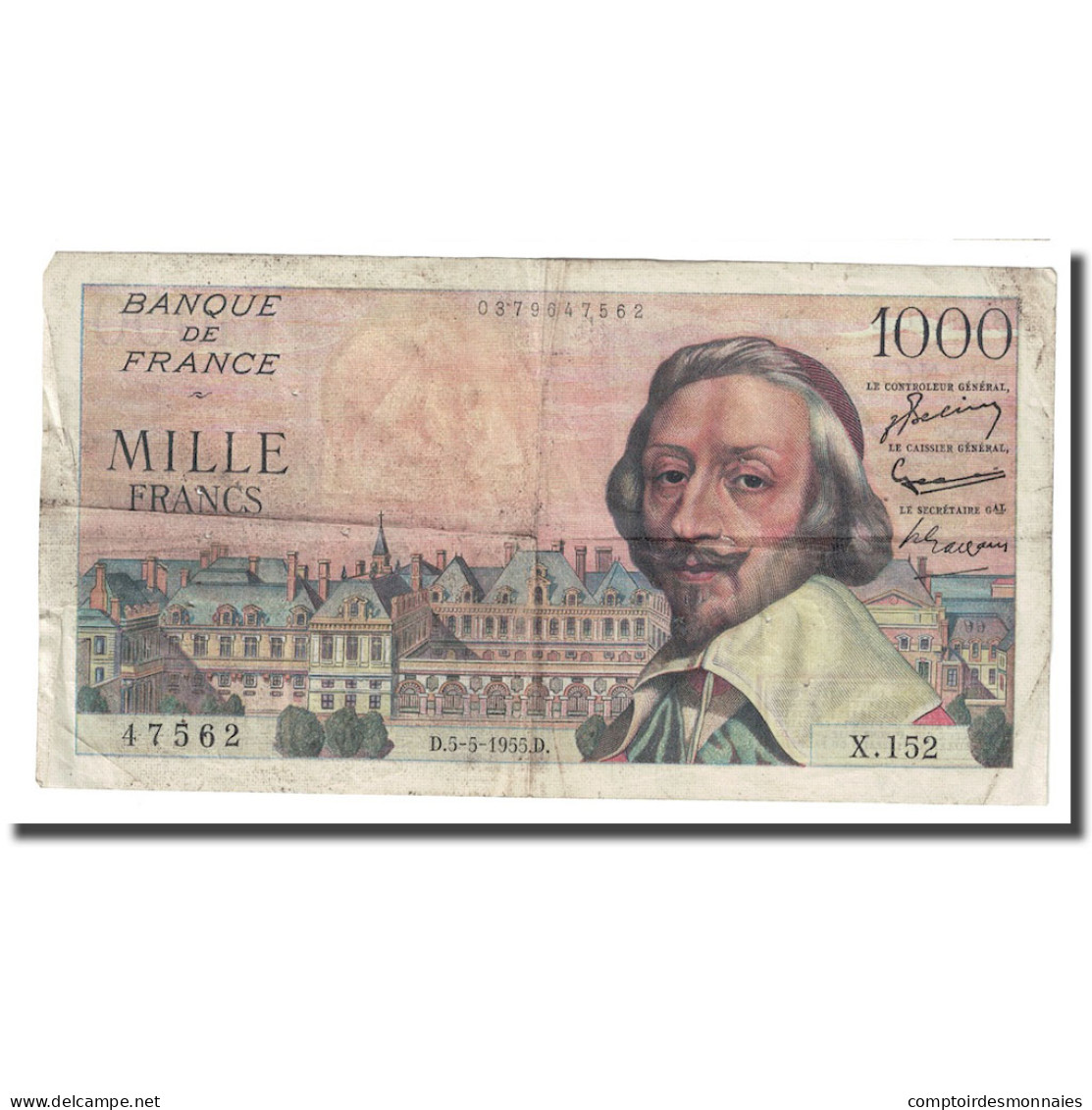 France, 1000 Francs, Richelieu, 1955, 1955-03-03, TB+, Fayette:42.13, KM:134a - 1 000 F 1953-1957 ''Richelieu''