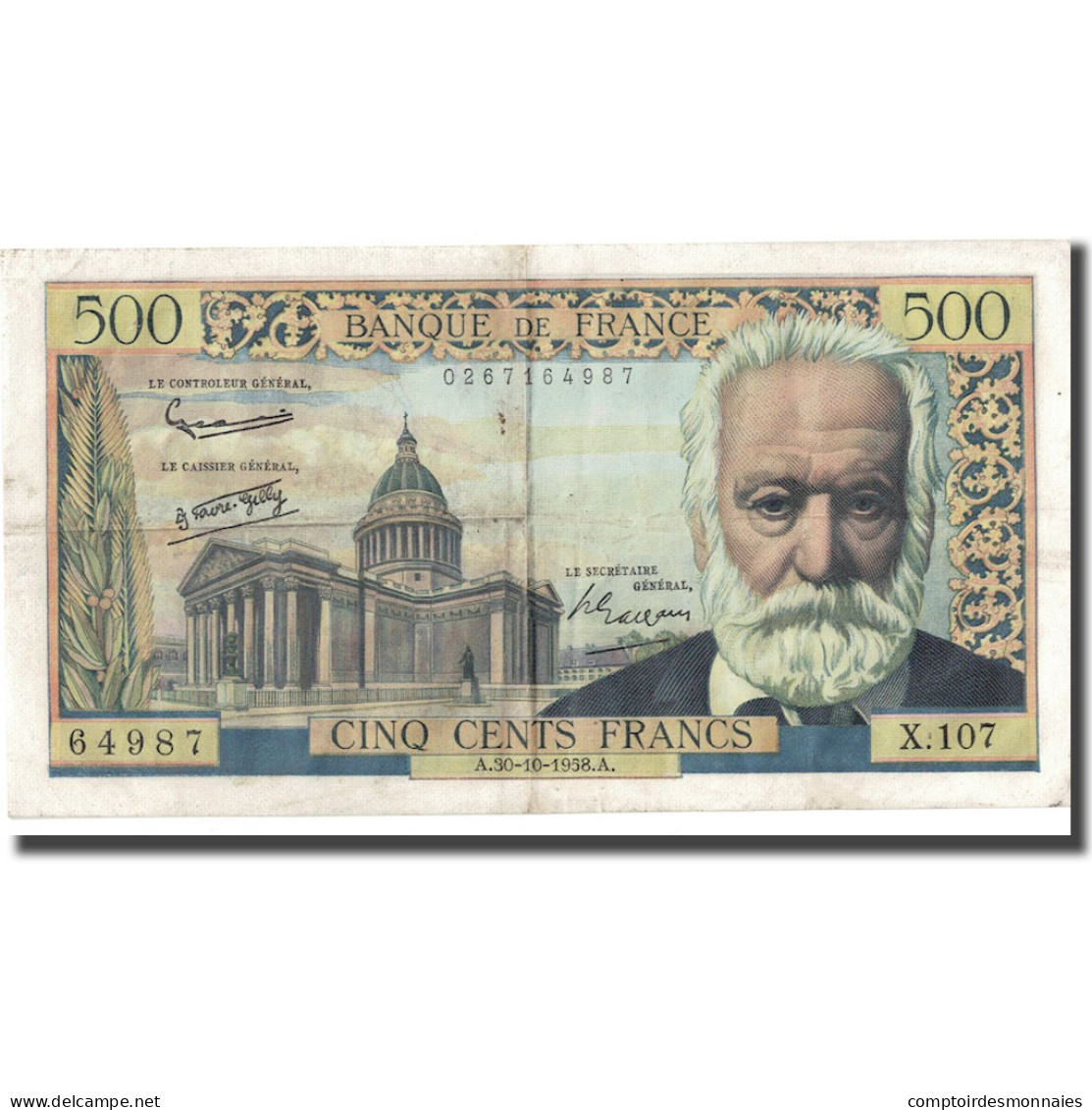 France, 500 Francs, Victor Hugo, 1958, 1958-10-30, TTB, Fayette:35.11, KM:133b - 500 F 1954-1958 ''Victor Hugo''