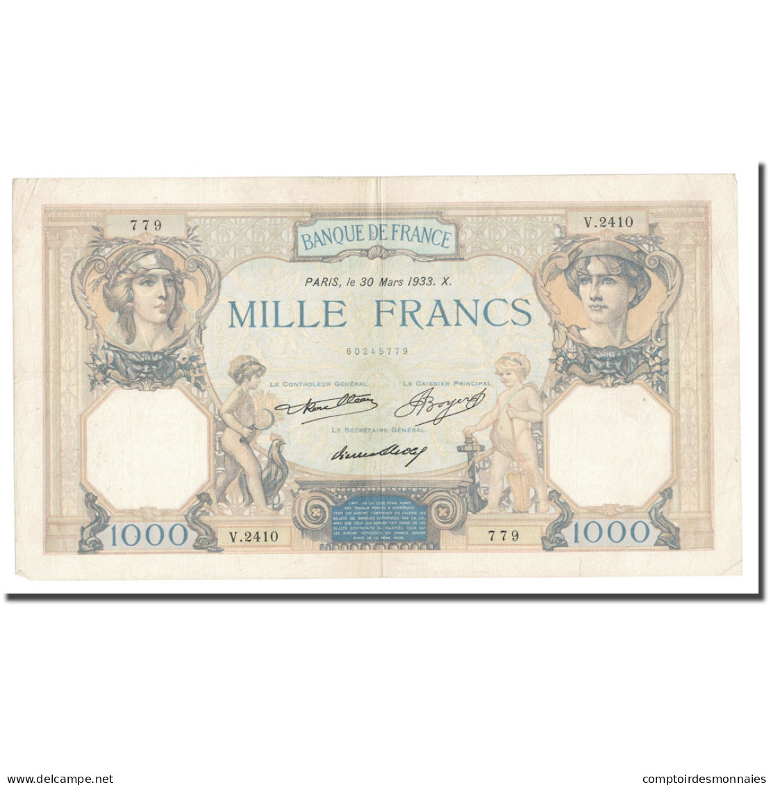 France, 1000 Francs, Cérès Et Mercure, 1933, 1933-03-30, TTB+, Fayette:37.8 - 1 000 F 1927-1940 ''Cérès Et Mercure''