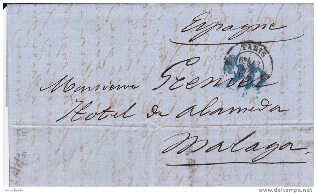 ESPAGNE - 1859 - LETTRE De PARIS Pour MALAGA Avec TAXE TAMPON De 2 REALS - AMBULANT PARIS AUX PYRENEES Au DOS - Covers & Documents
