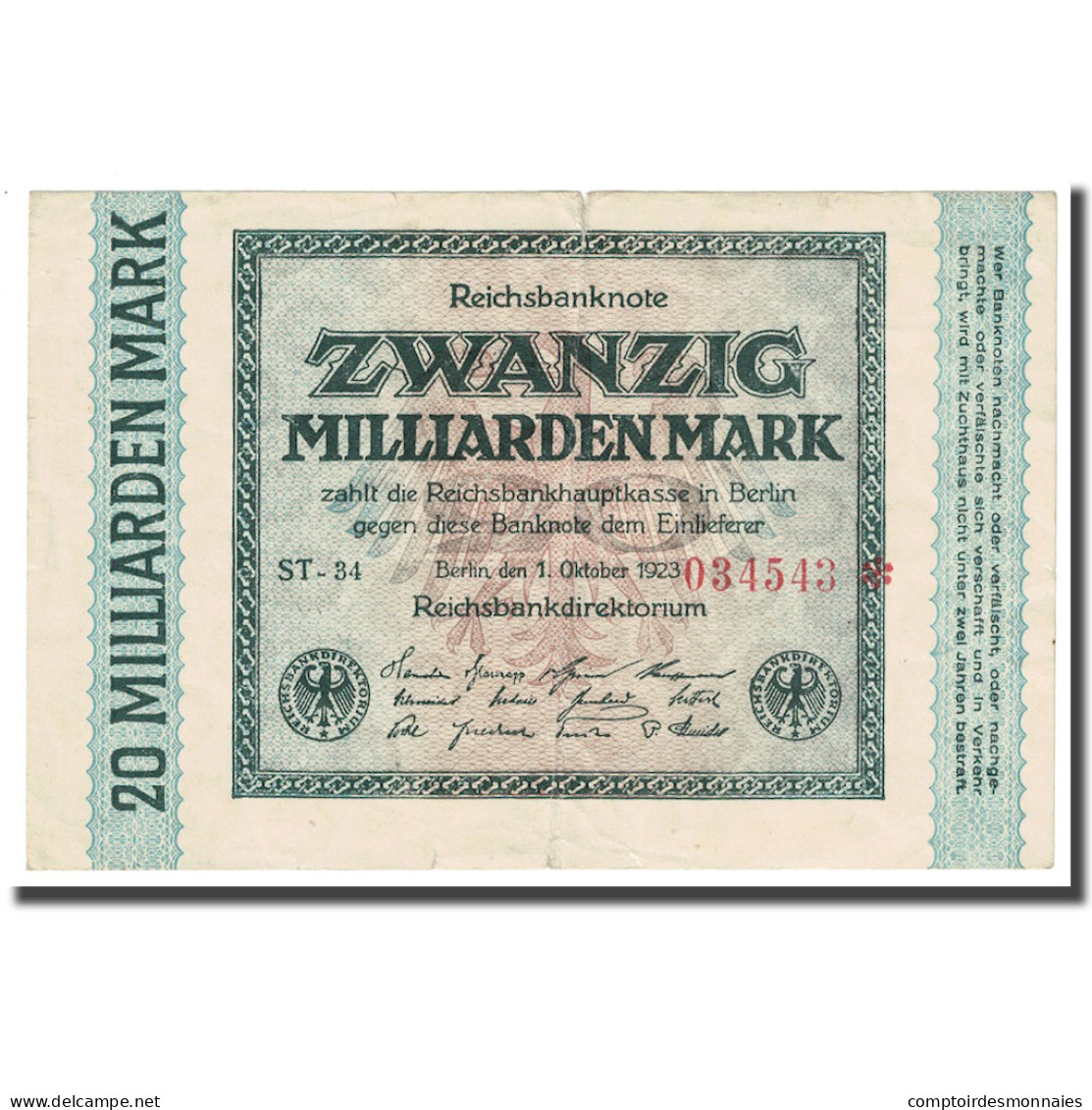 Billet, Allemagne, 20 Milliarden Mark, 1923, 1923-10-01, 20 Milliarden On Left - 20 Mrd. Mark