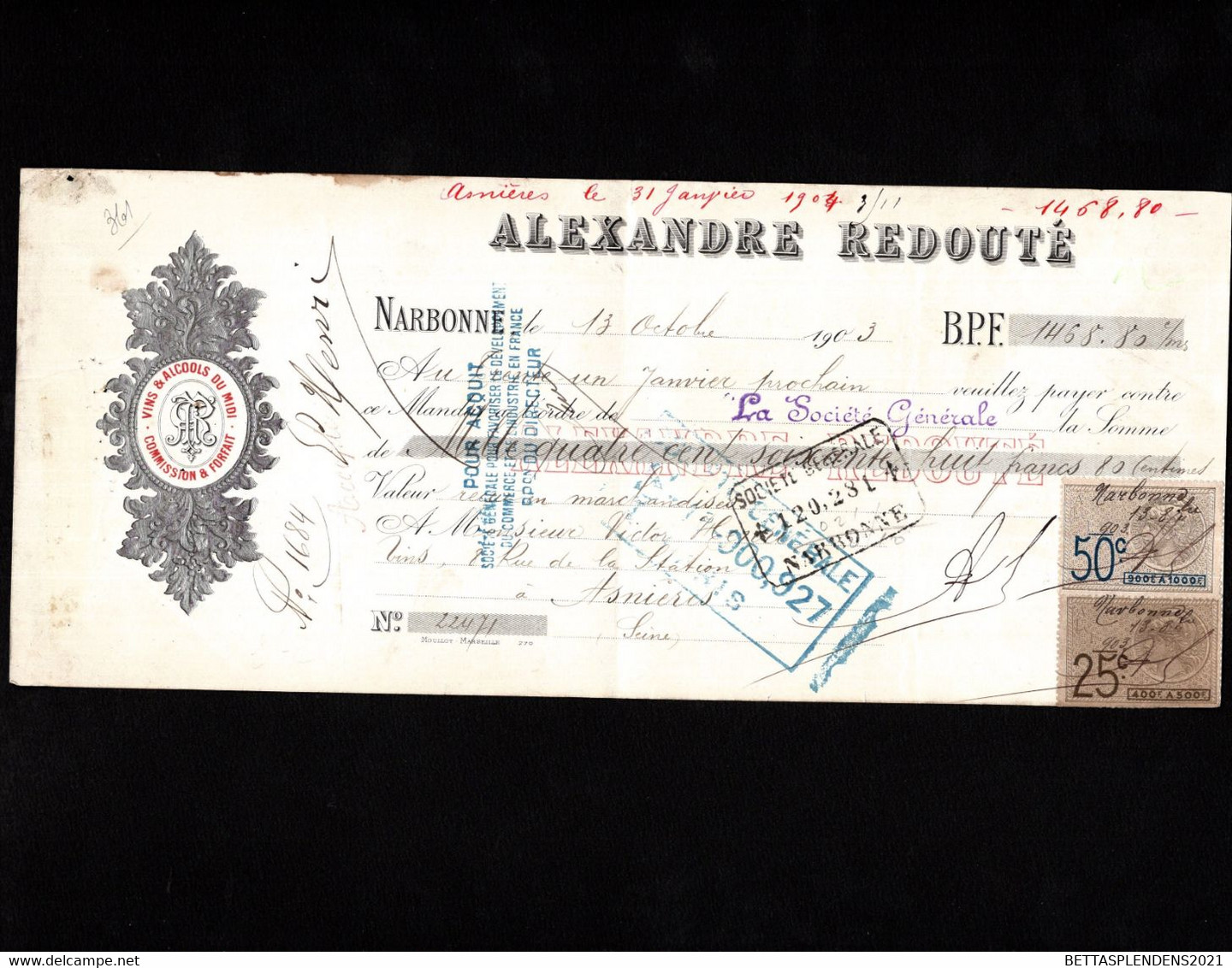 NARBONNE - Lettre De Change 1903 - Vins & Alcools Du Midi - ALEXANDRE REDOUTE - Bills Of Exchange