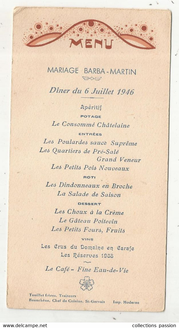 Menu , 1946, Touillet Frères Traiteur,Beauchéne Chef De Cuisine, 86,St Gervais Les Trois Clochers , Frais Fr 1.65 E - Menus
