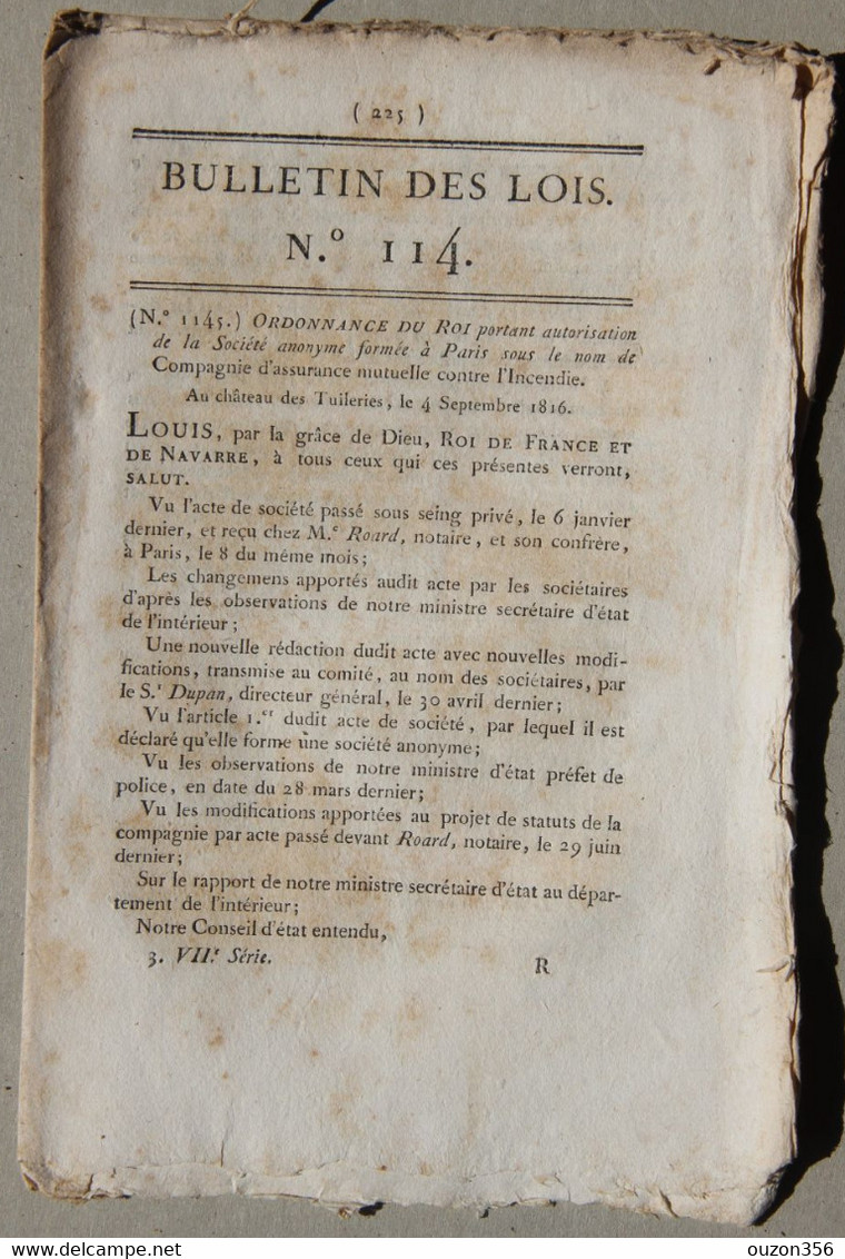 Bulletin Des Lois Du Royaume De France N°114, 7e Série, T.3, 1816, Compagnie D'Assurance Mutuelle Contre L'incendie - Décrets & Lois