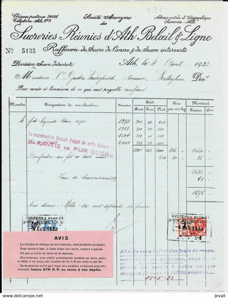 ATH    - Sucreries Réunies D ' Ath , Beloeil & Ligne  1933 - Agricultura