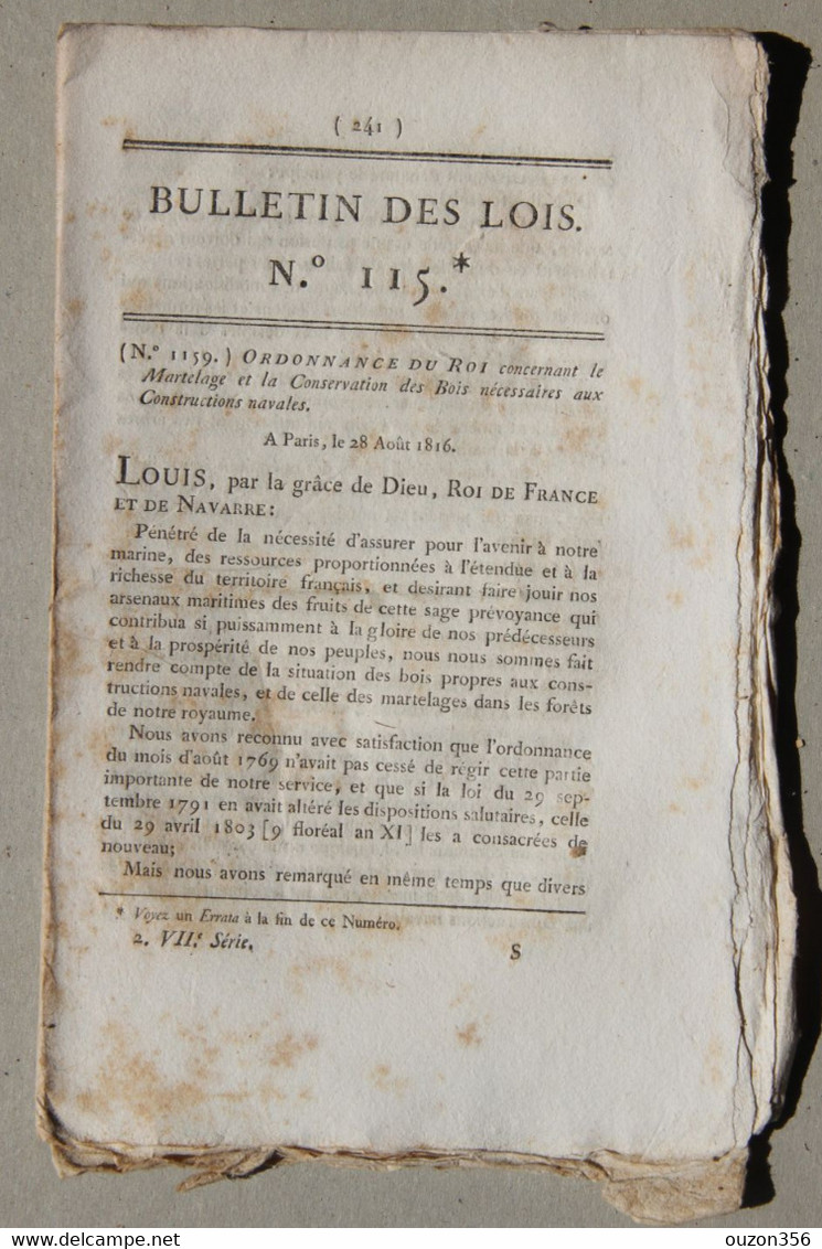 Bulletin Des Lois Du Royaume De France N°115, 7e Série, T.3, 1816, Bois Nécessaires Aux Constructions Navales (bateaux) - Décrets & Lois