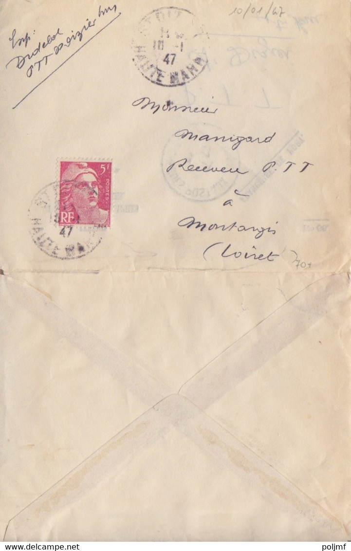 Lettre Réutilisée à Entête (PTT) à St Dizier Le 10/1/47 Sur 5F Gandon Vendu 4F50 Pour Montargis, Tarif Du 2/1/47 - Cartas & Documentos