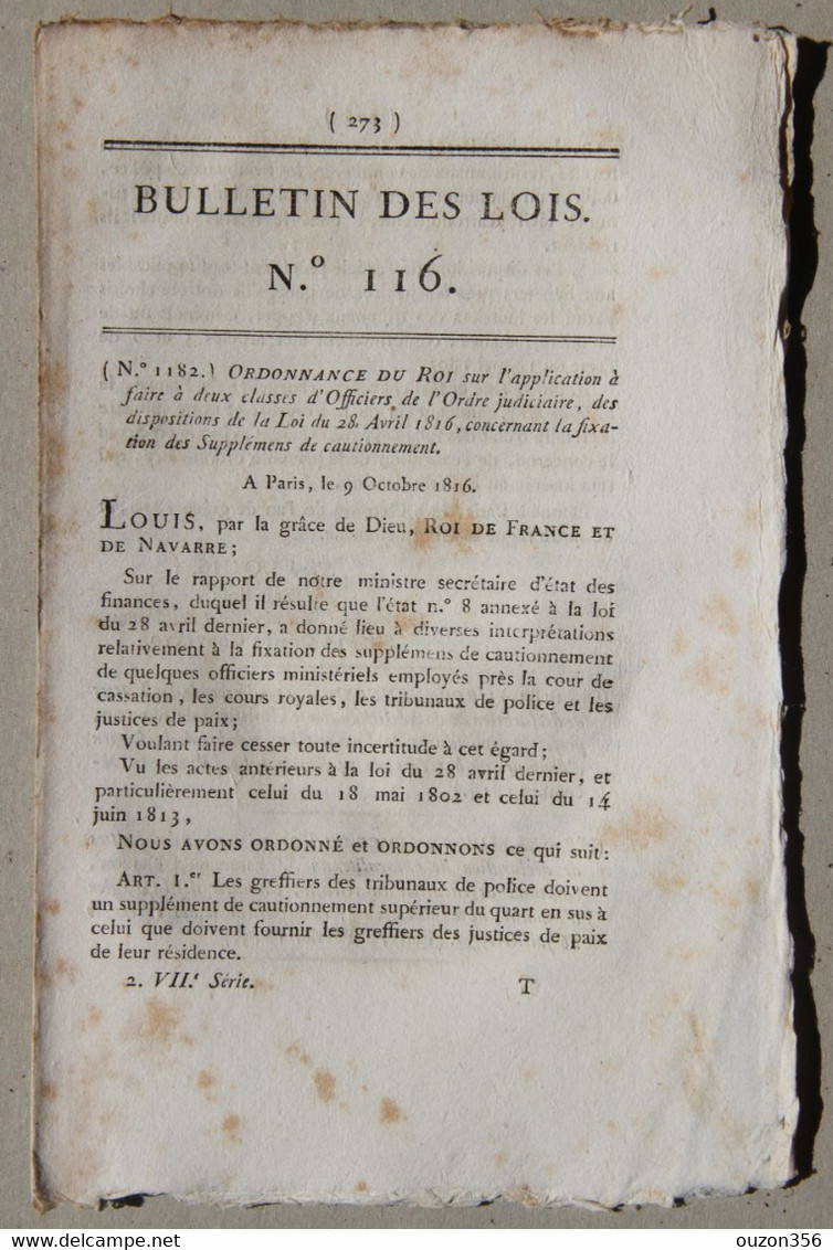 Bulletin Des Lois Du Royaume De France N°116, 7e Série, T.3, 1816, Suppléments De Cautionnement - Décrets & Lois