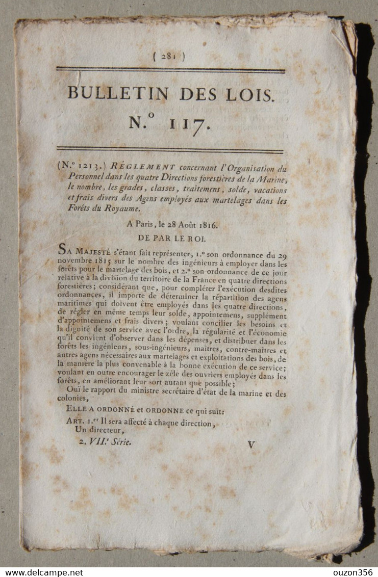 Bulletin Des Lois Du Royaume De France N°117, 7e Série, T.3, 1816, Organisation Personnel Directions Forestières Marine - Décrets & Lois