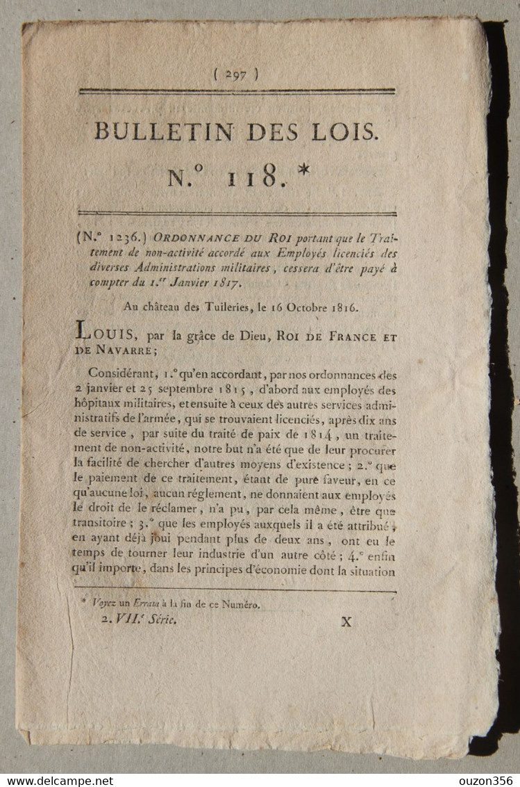 Bulletin Des Lois Du Royaume De France N°118, 7e Série, T.3, 1816, Traitement Non-activité Administrations Militaires - Décrets & Lois