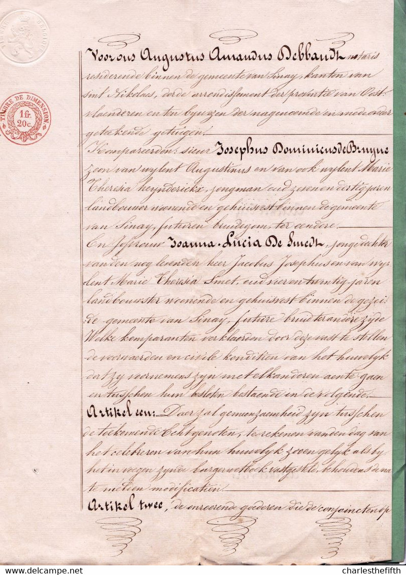 AKTE HUWELIJKSCONTRACT 1848 Te SINAY ( Sinaai ) Tussen JOSEPHUS DE BRUYNE En JOANNA DE SMEDT - Historische Documenten