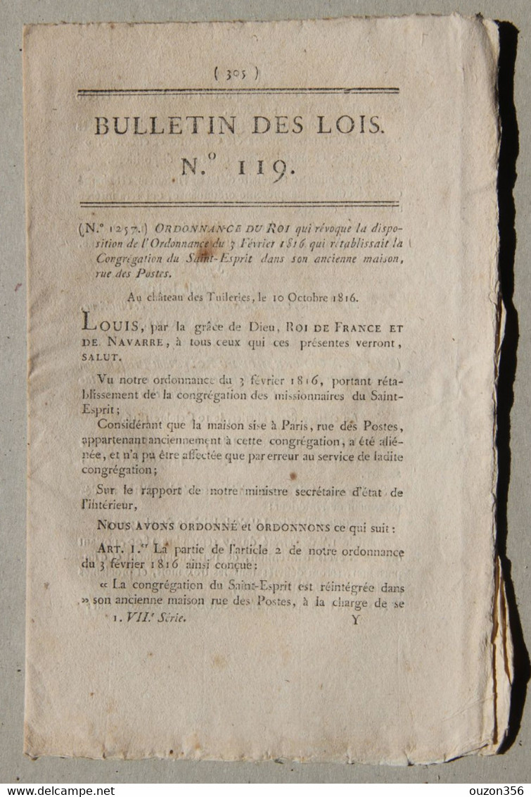 Bulletin Des Lois Du Royaume De France N°119, 7e Série, T.3, 1816, Congrégation Saint-Esprit Dans Son Ancienne Maison - Décrets & Lois