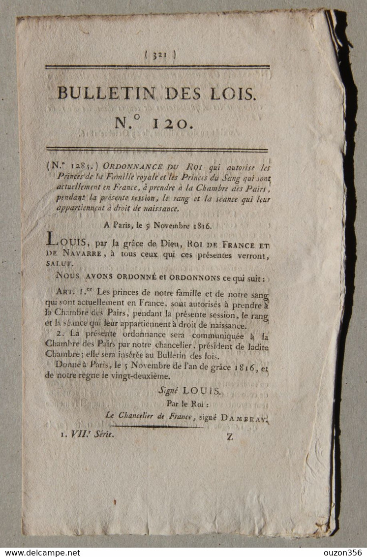 Bulletin Des Lois Du Royaume De France N°120, 7e Série, T.3, 1816, Princes De La Famille Royale En France - Décrets & Lois