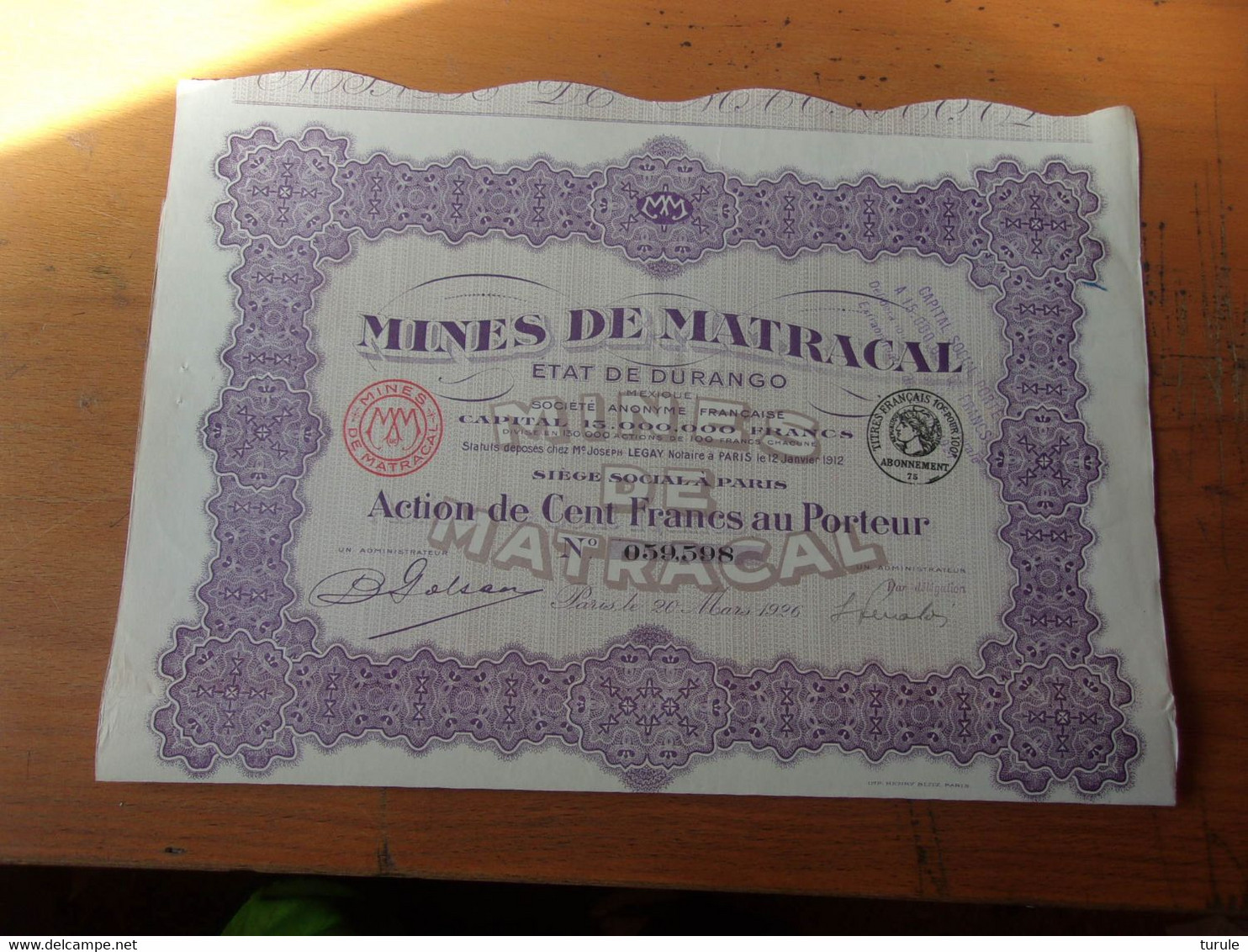 MINES DE MATRACAL Etat De Durango (mexique)   100 Francs - Other & Unclassified