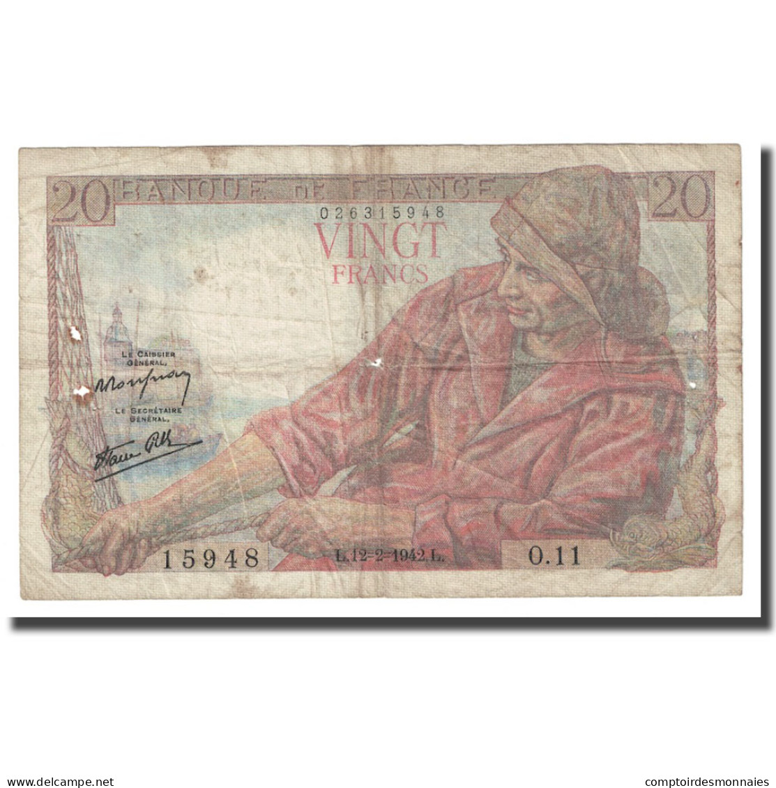 France, 20 Francs, Pêcheur, 1942, 1942-02-12, TB, KM:100a - 20 F 1942-1950 ''Pêcheur''
