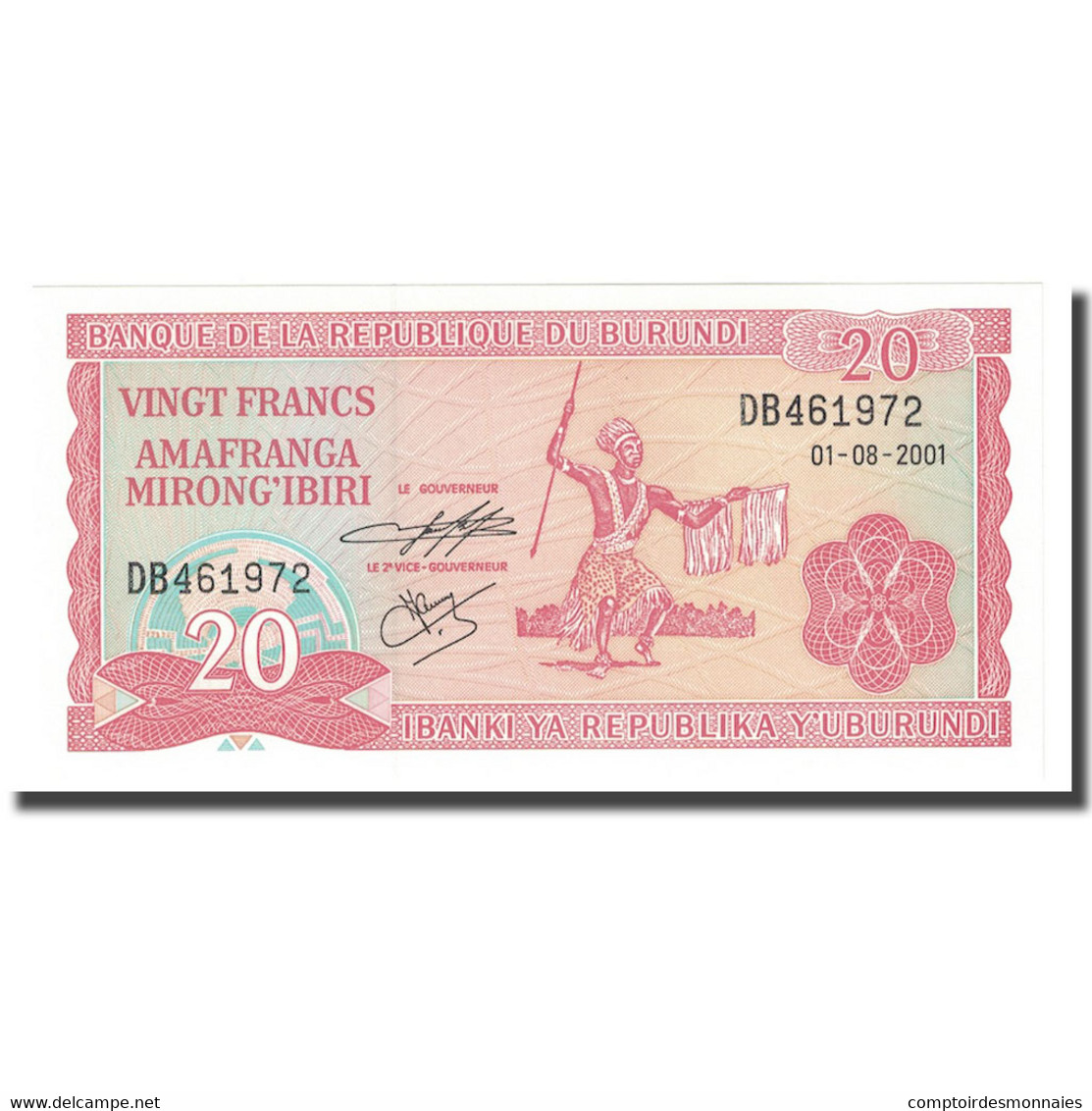 Billet, Burundi, 20 Francs, 2001, 2001-08-01, KM:27d, NEUF - Burundi