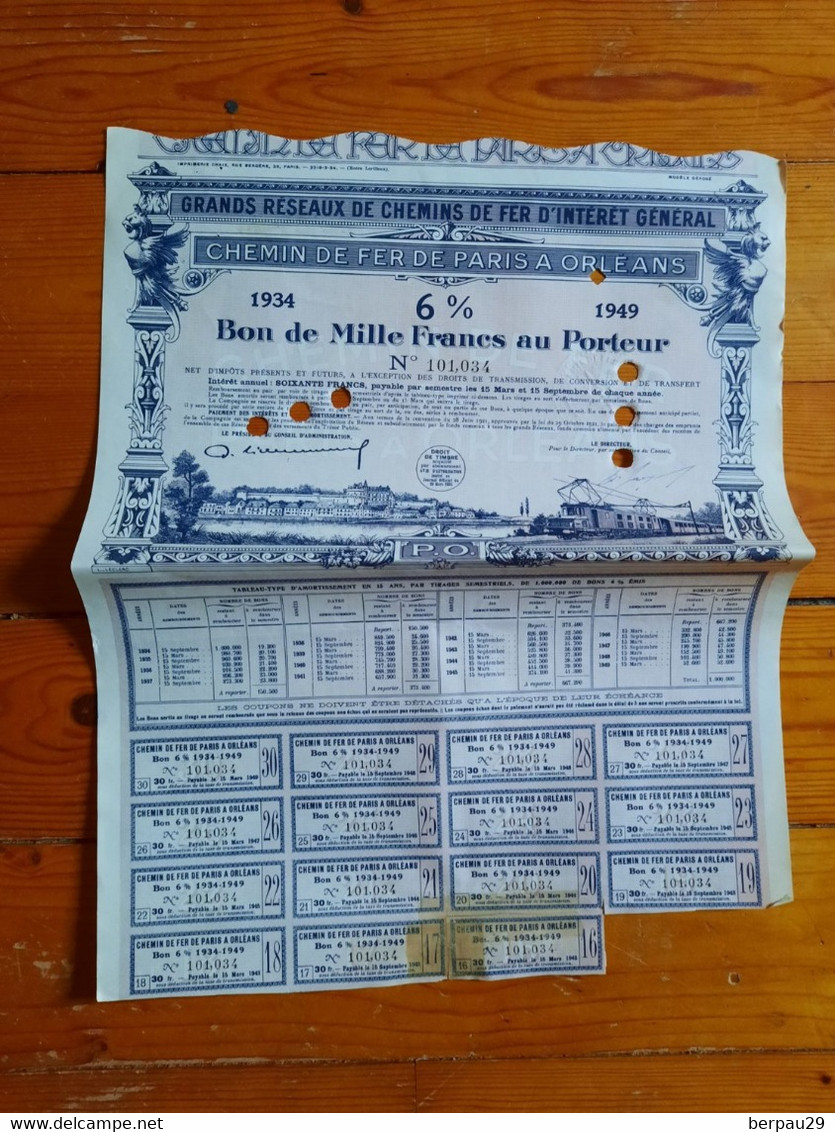 CHEMIN DE FER DE PARIS A ORLEANS - BON DE 1 000 FRS 6% - 1934 /1949 - Altri & Non Classificati