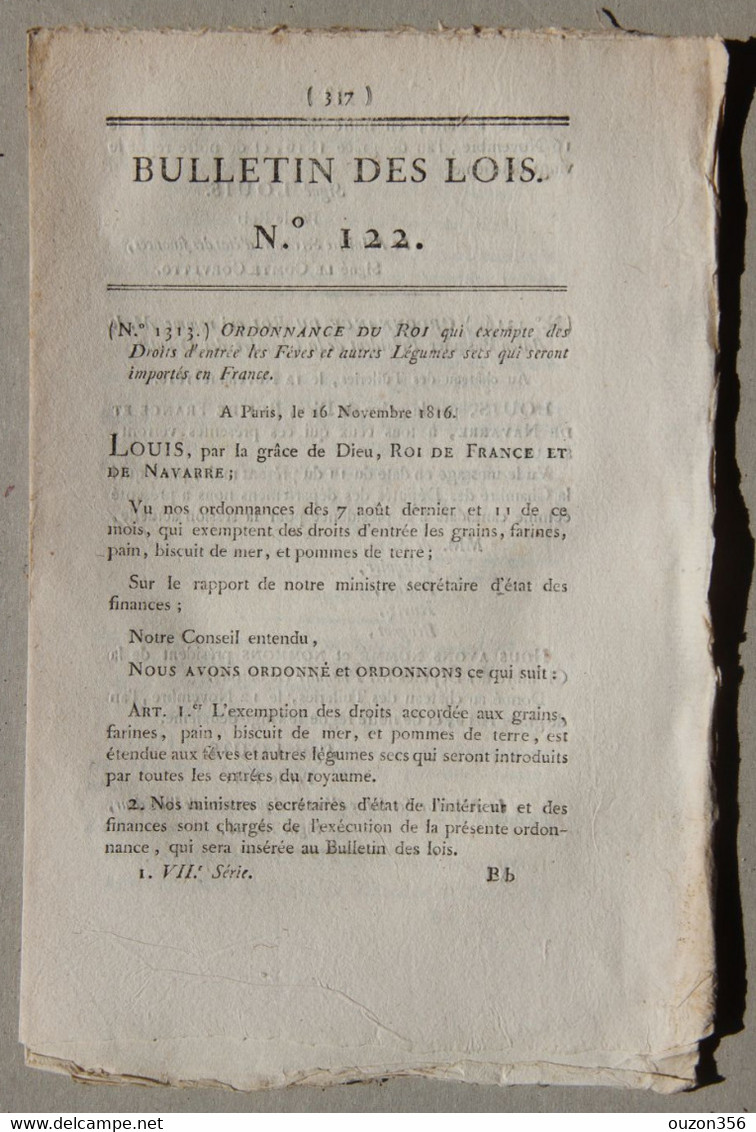 Bulletin Des Lois Du Royaume De France N°122, 7e Série, T.3, 1816, Exemption Droits Entrée Féves Et Légumes - Décrets & Lois