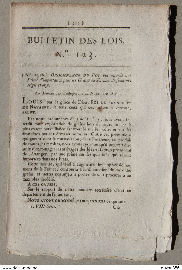 Bulletin Des Lois Du Royaume De France N°123, 7e Série, T.3, 1816, Prime Importation Farines De Froment, Seigle, Orge - Décrets & Lois