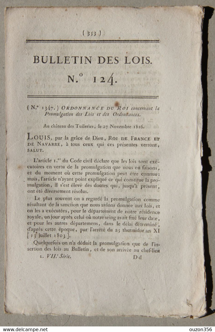 Bulletin Des Lois Du Royaume De France N°124, 7e Série, T.3, 1816, Promulgation Lois Et Ordonnances - Décrets & Lois