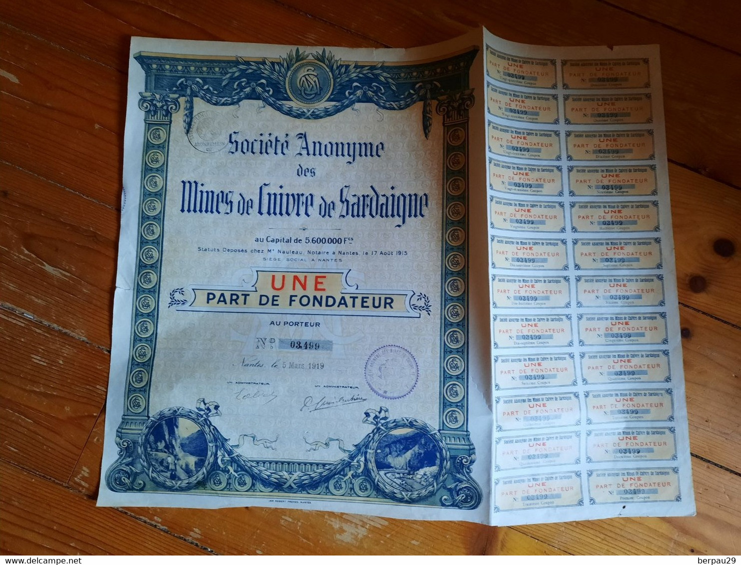 S. A. DES MINES DE CUIVRE DE SARDAIGNE 1919 - (24 Coupons ) - ITALIE - Altri & Non Classificati