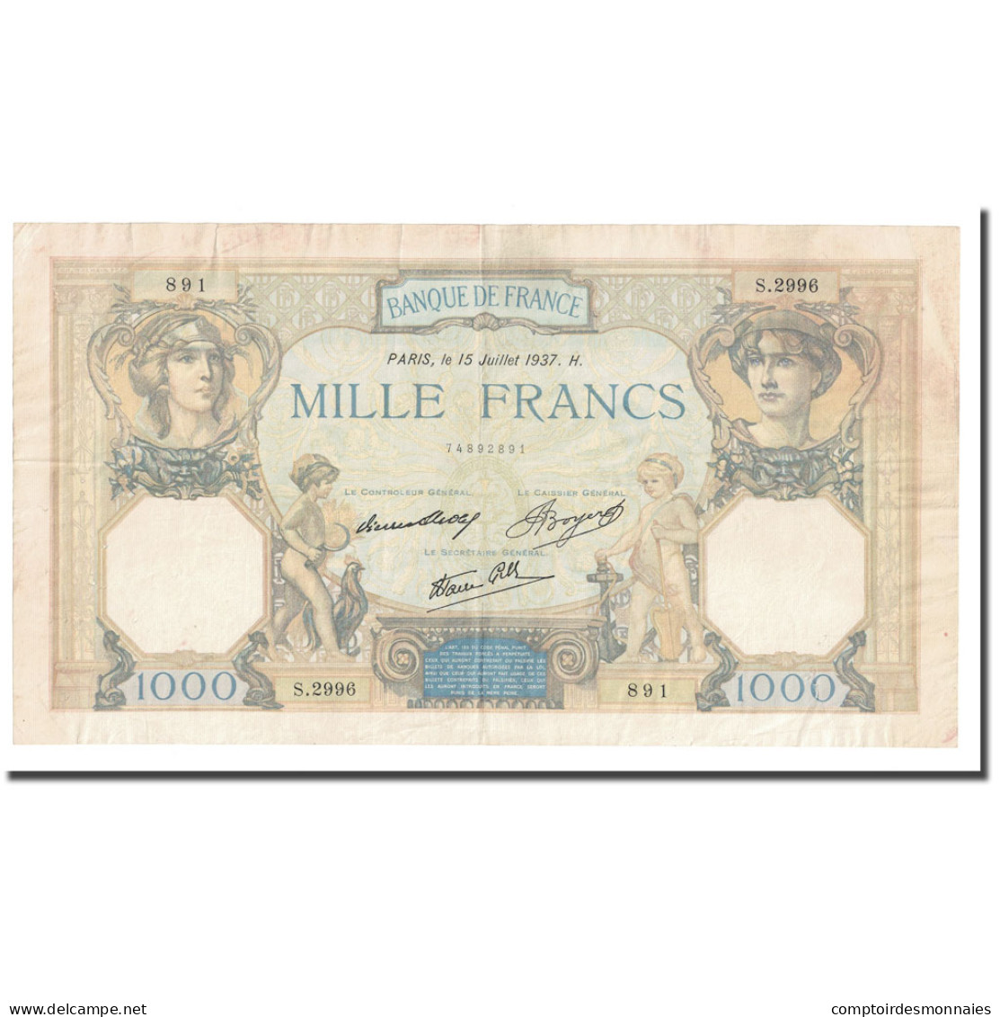 France, 1000 Francs, Cérès Et Mercure, 1937, 1937-07-15, TTB+, Fayette:38.2 - 1 000 F 1927-1940 ''Cérès E Mercure''