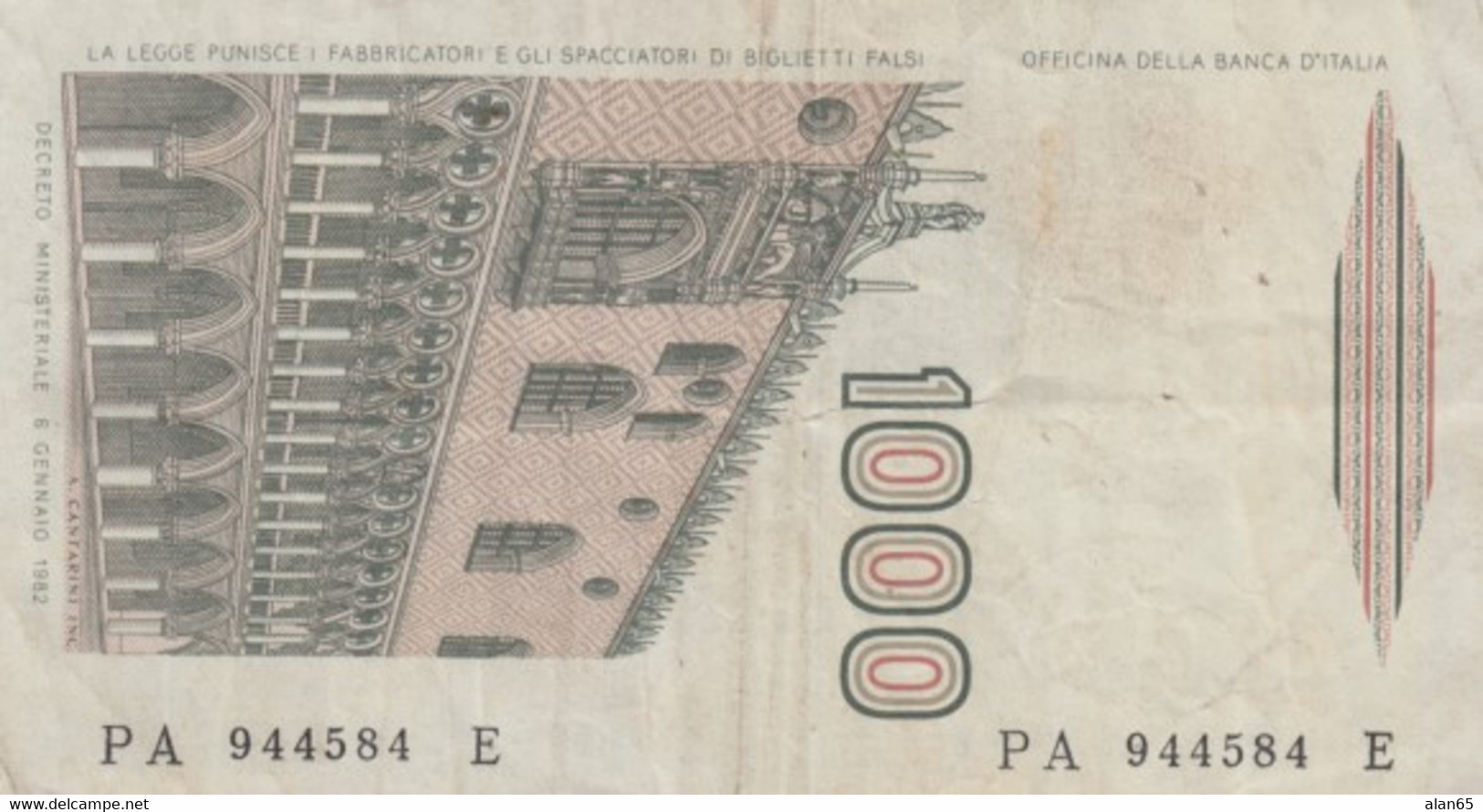 Italy #109a, 1,000 Lire 1982 Banknote - 1000 Lire