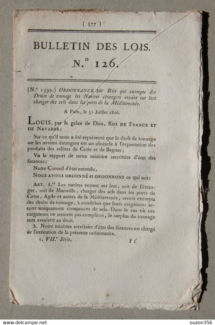Bulletin Des Lois Du Royaume De France N°126, 7e Série, T.3, 1816, Exemption Droits Navires étrangers Sels Ports - Décrets & Lois