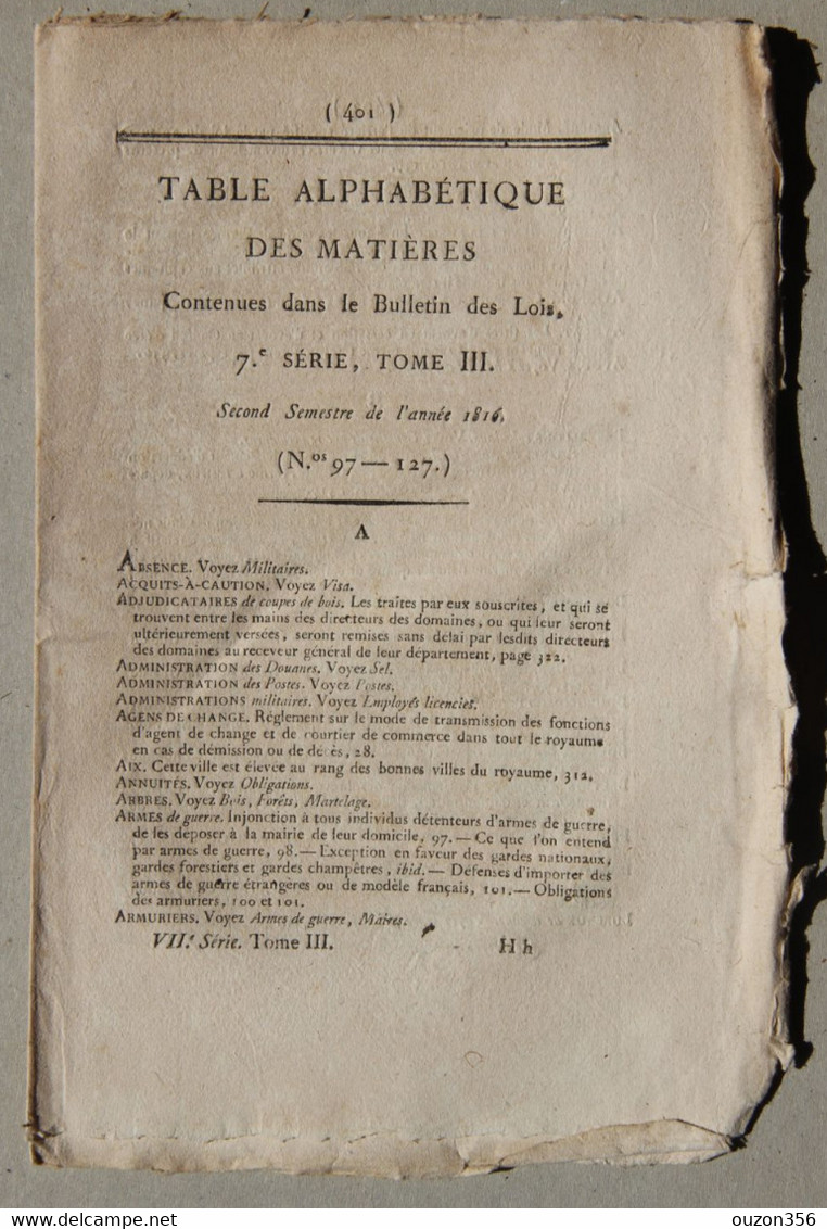 Bulletin Des Lois Du Royaume De France, 7e Série, T.3, 1816, Table Alphabétique Des Matières - Décrets & Lois