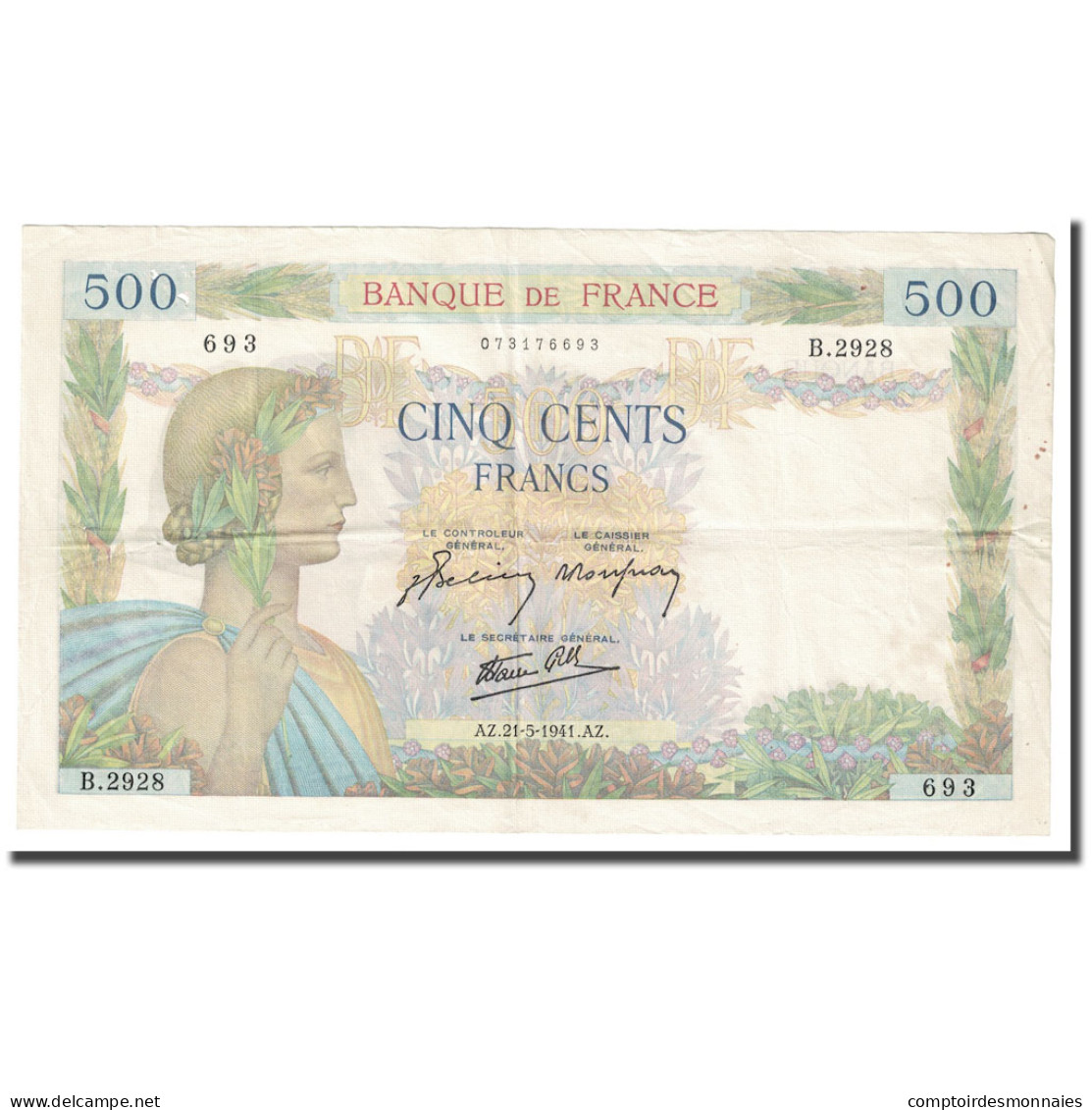 France, 500 Francs, La Paix, 1941, 1941-05-21, TTB+, Fayette:32.17, KM:95b - 500 F 1940-1944 ''La Paix''
