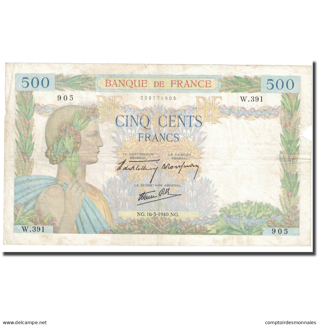 France, 500 Francs, La Paix, 1940, 1940-05-16, TB+, Fayette:32.2, KM:95a - 500 F 1940-1944 ''La Paix''