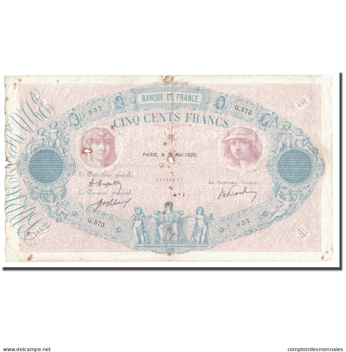 France, 500 Francs, Bleu Et Rose, 1920, 1920-05-19, TB, Fayette:30.24, KM:66h - 500 F 1888-1940 ''Bleu Et Rose''