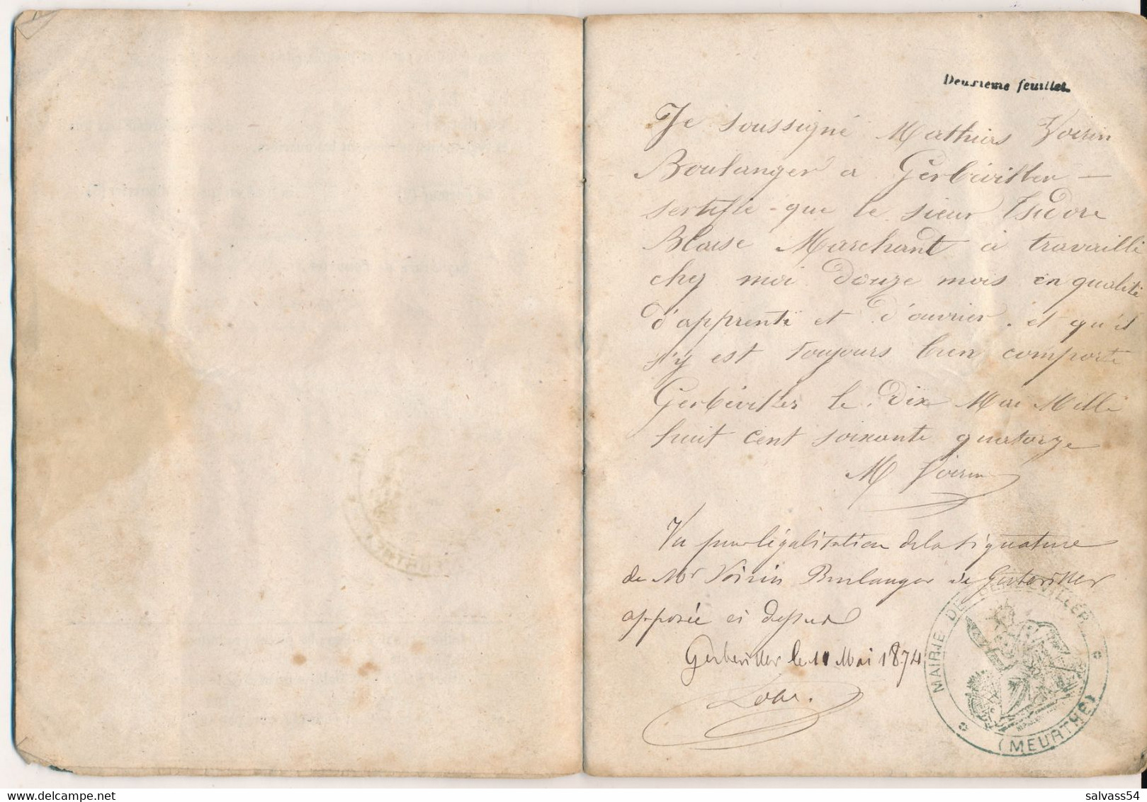 Livret Ouvrier - Daté 1874 - Meurthe-et-Moselle - Gerbéviller - M. MARCHAND Blaise - Boulanger (BP) - Documenti Storici