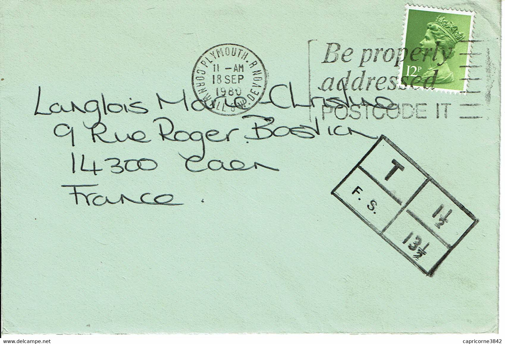 1980 - Lettre De Plymouth Pour La France - Lettre Taxée - Tp Elysabeth II 12p - Strafportzegels